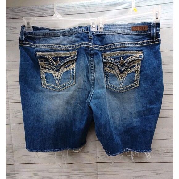 Vigoss Jean Denim Shorts Blue Flap Pockets Womens Raw Hem Embroidery Sz 24 - Picture 2 of 9